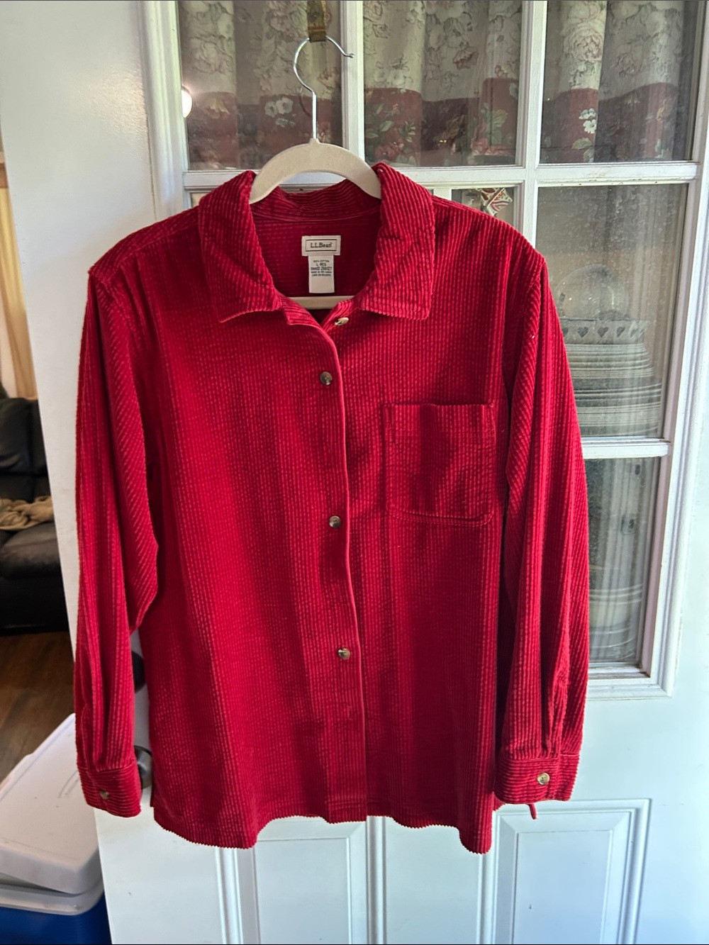 L.L. Bean Women's Red Corduroy Button-Up Jacket, size large, 28“ long, 25” wide
